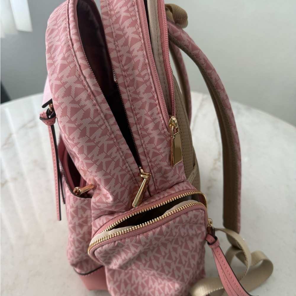 Michael Kors Pink Prescott Large Signature Logo Print Woven Backpack - Picture 5 of 15